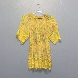 Women's Yellow Floral Long Lace Sleeve Shirt Spring/Summer Blouse | Size Small